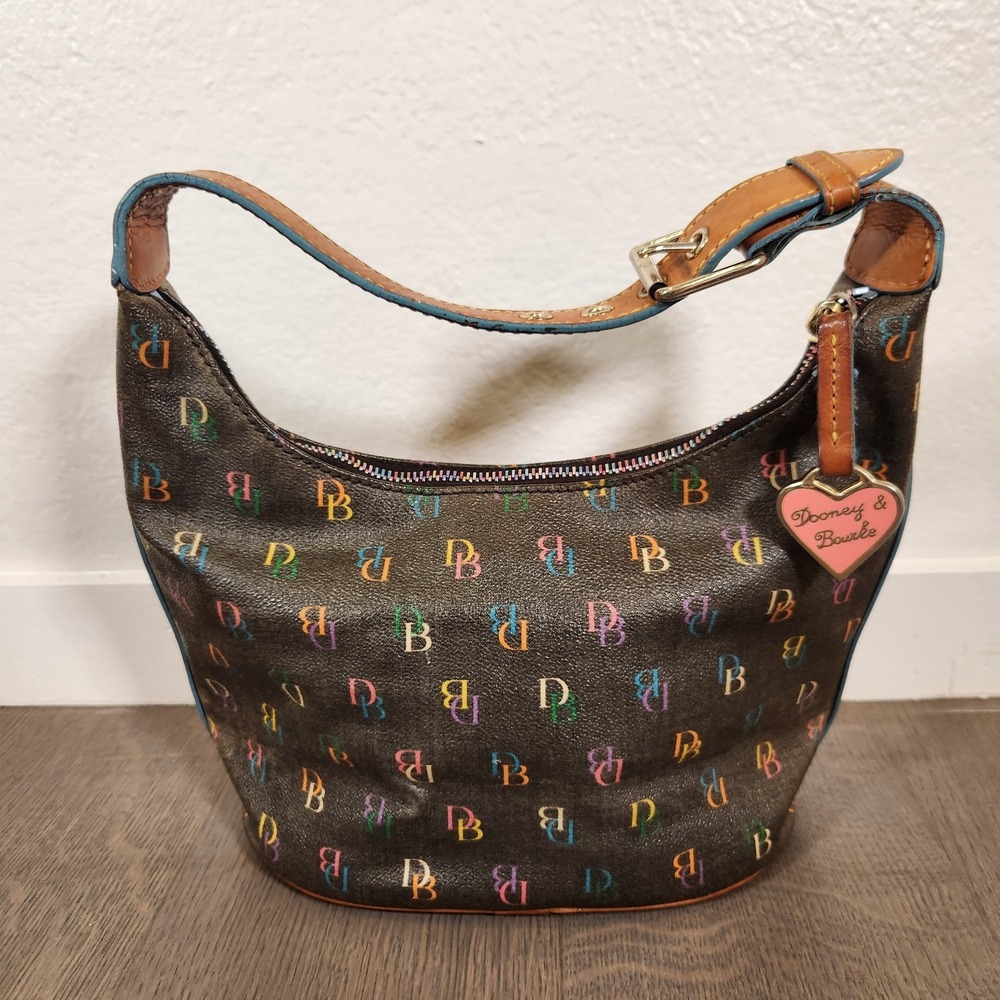 Y2K Dooney & Bourke Rainbow DB Monogram Pebble Leather Hobo Bag Heart Charm And
